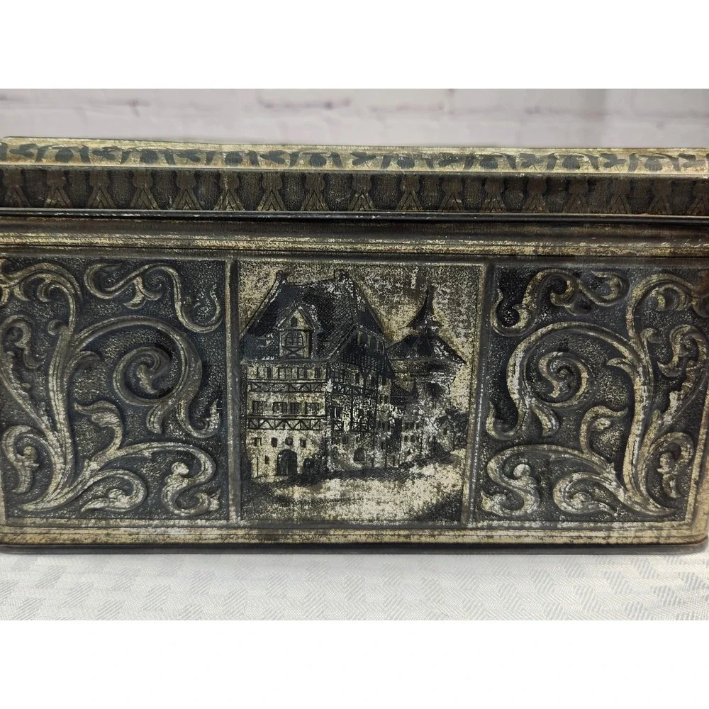 Vintage German Silver Tin Biscuit Box Knight Jousting Castles Horse History